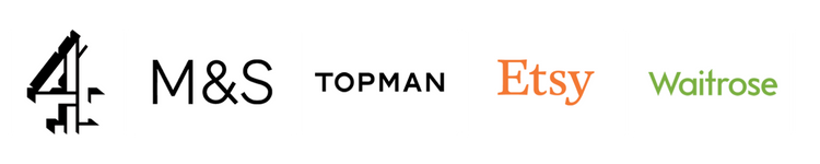 Logos of companies who have working with The Clever Baggers: Channel 4, M&S, Topman, Etsy, Waitrose.