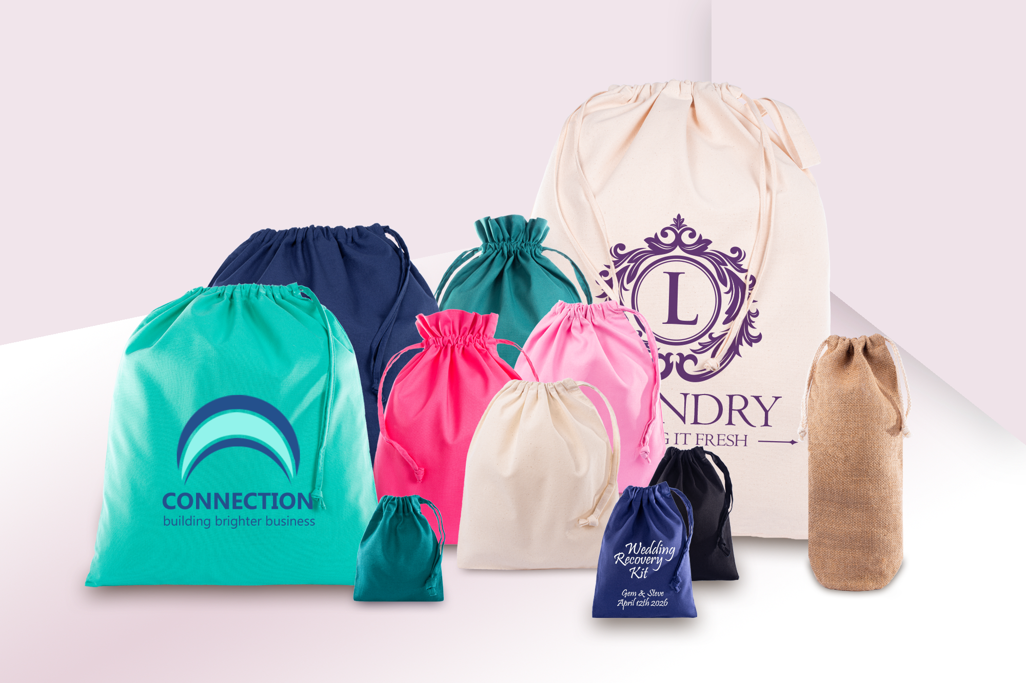 Shop all our drawstring bags in various styles, sizes and colours!
