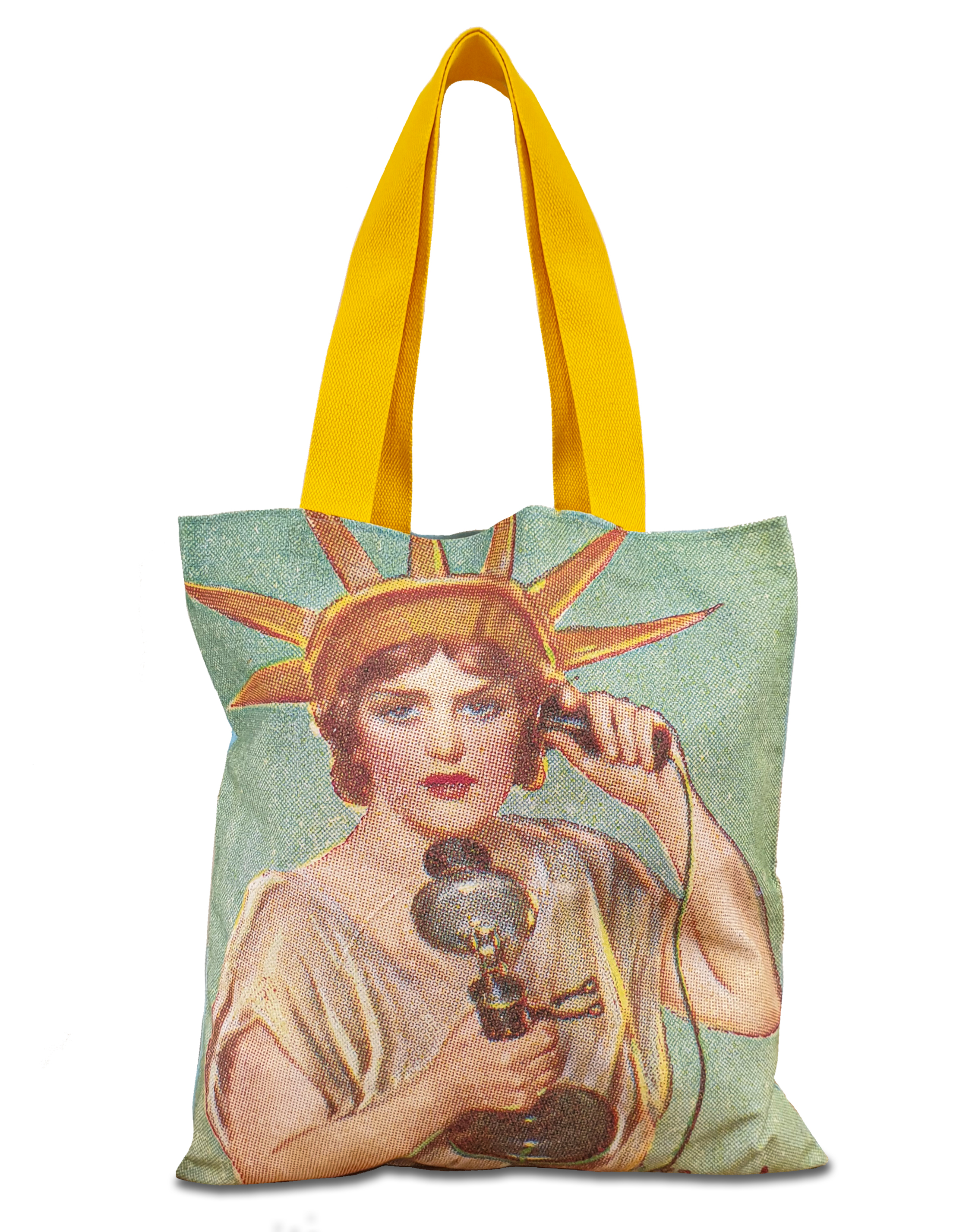 Tote bag with a full coverage print of artwork depicting the statue of liberty on an old two-piece telephone.
