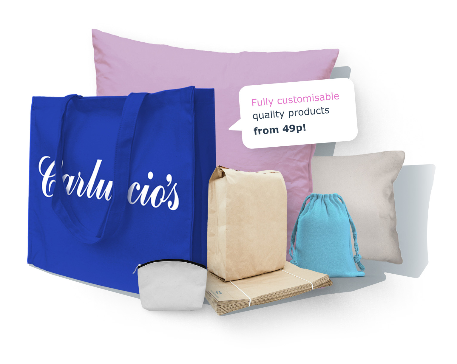 A collection of sustainable customisable products: cushions, paper packaging, and various styles of cotton and canvas bags with a caption Fully Customisable Quality Products from 49p!