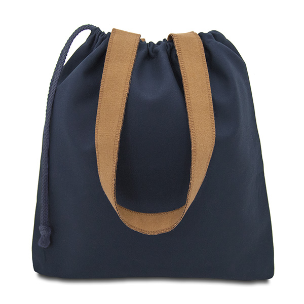 Large navy blue bag with soft brown handles and a black drawcord closure.