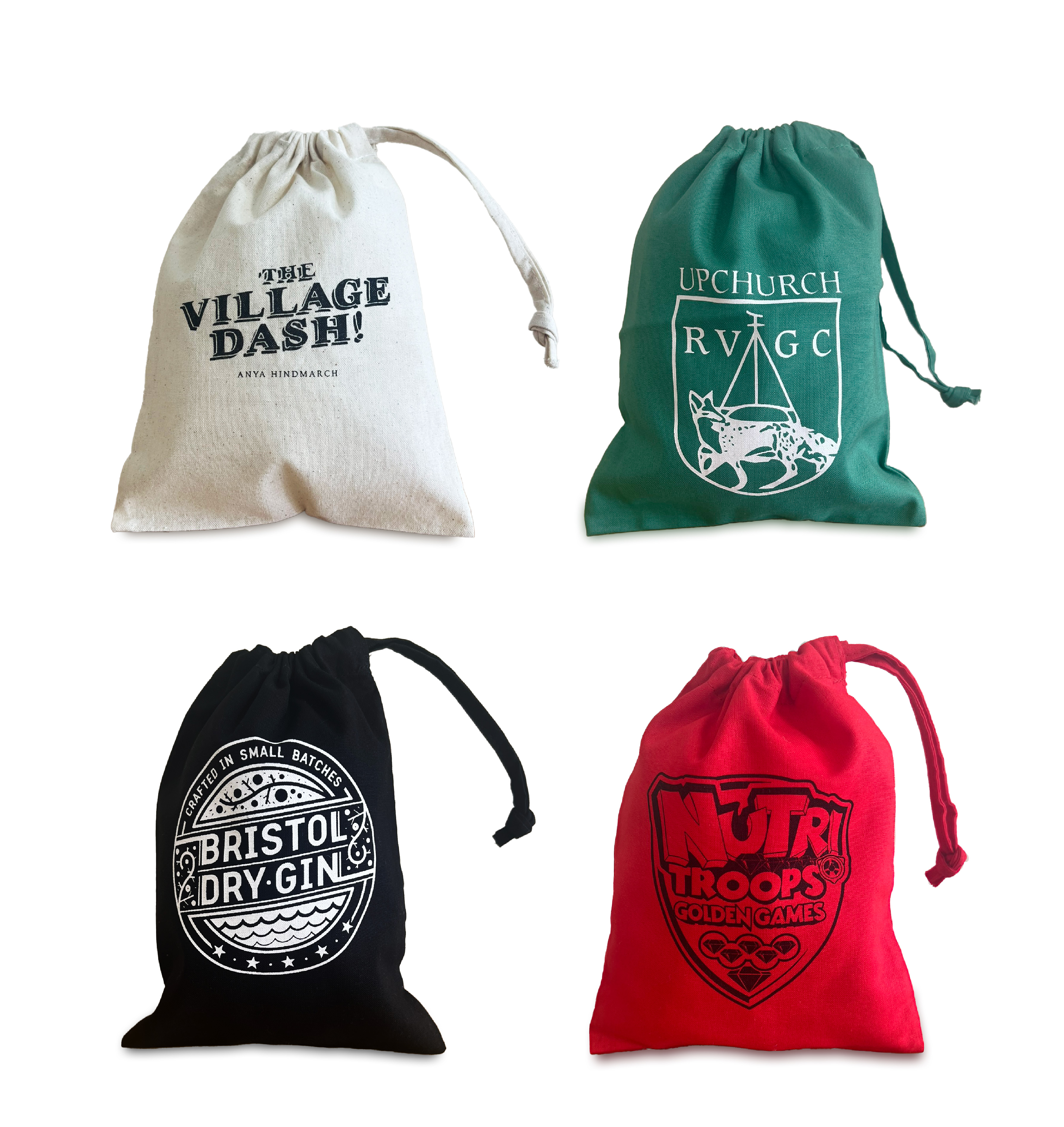 Four different coloured small cotton drawstring bags: beige, green, black and red. Each bag has been custom printed with a different logo.