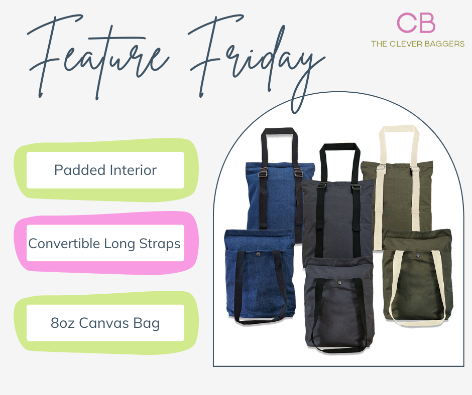 A group of convertible tote backpacks with a list of features to the left