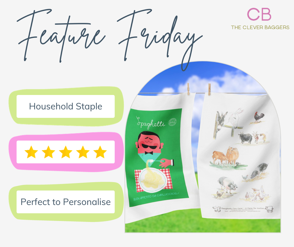 Image of some printed tea towels with a list of key features and benefits