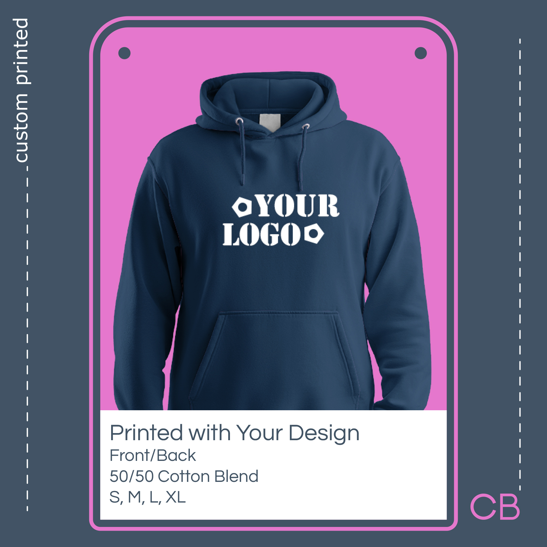 Navy blue hoodie with the phrase Your Logo in white, centred on the front chest above the kangaroo style pocket. The image of the hoodie is placed within a background that includes text remin