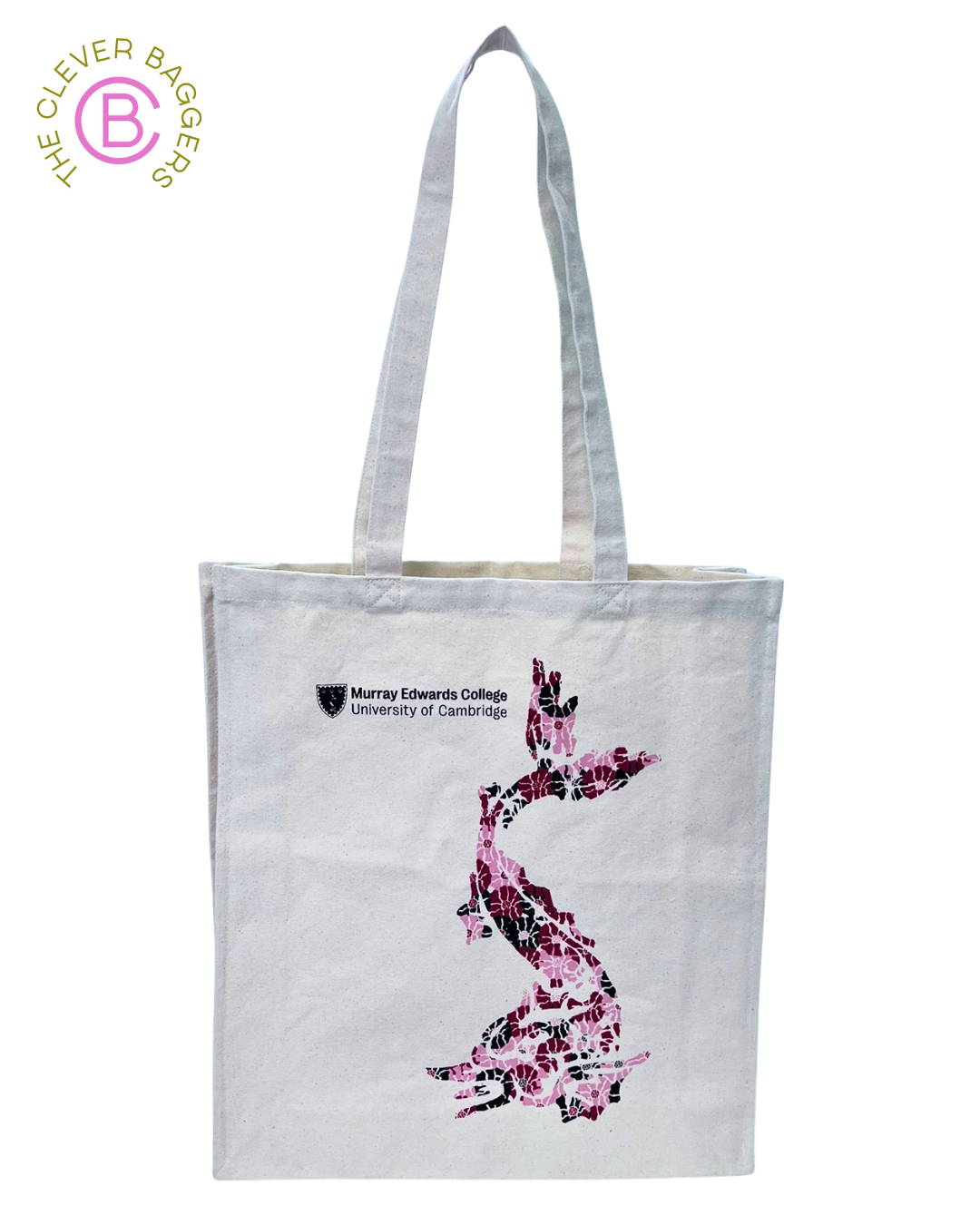 image of a canvas tote shopper bag with a red/pink/black dragon created from flowers printed on the bag
