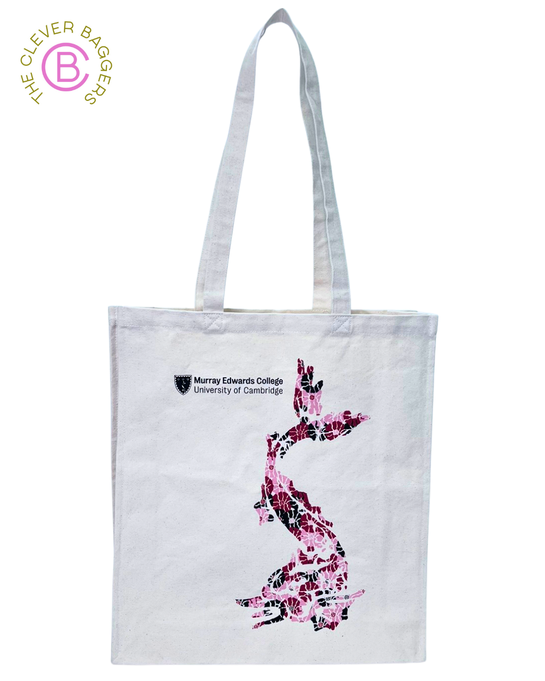 image of a canvas tote shopper bag with a red/pink/black dragon created from flowers printed on the bag