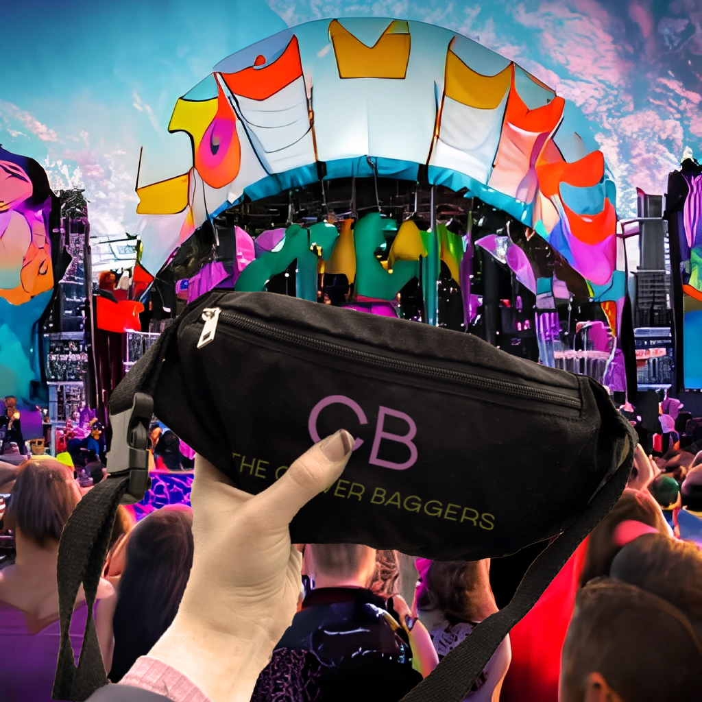 an image of a black cotton canvas held up in the air with a colourful festival in the background