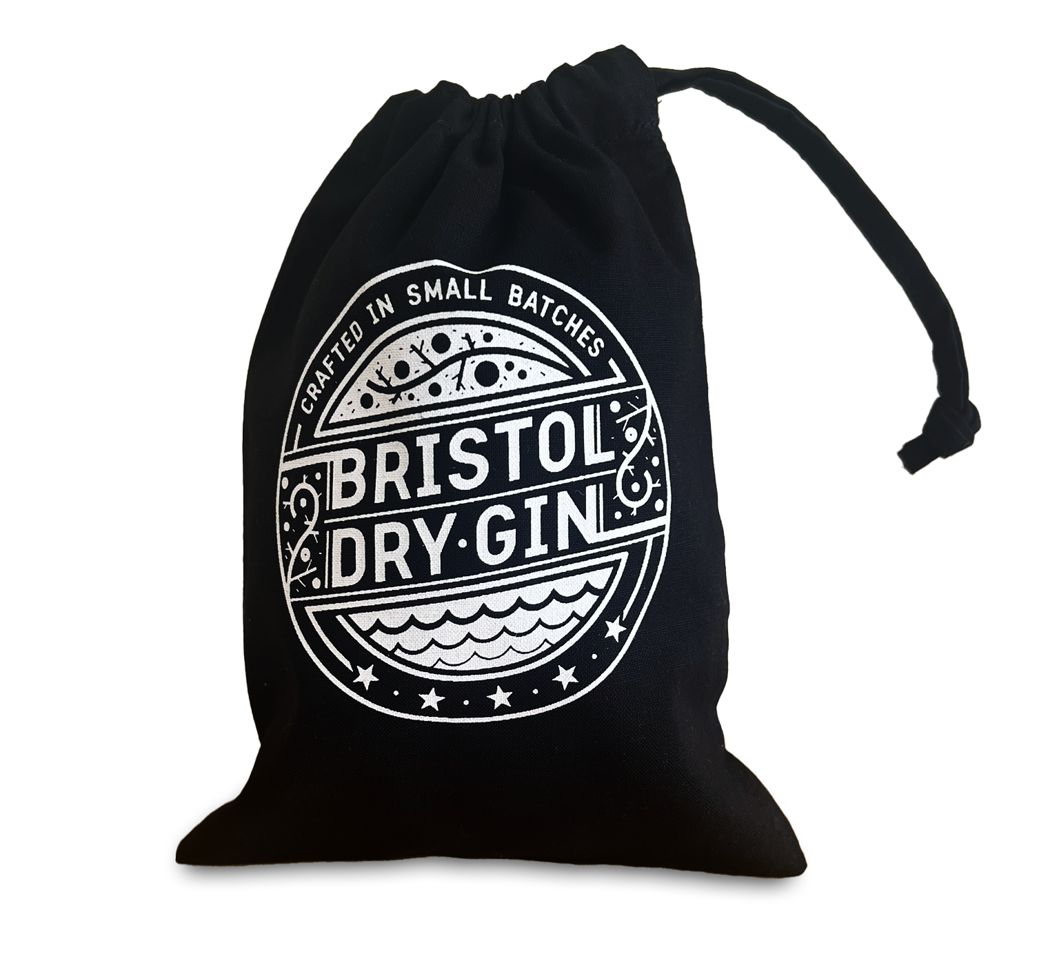 Small black cotton drawstring bag printed with logo of Bristol Dry Gin. The circular logo is is printed in white and has the company name across the centre and images representing juniper bra