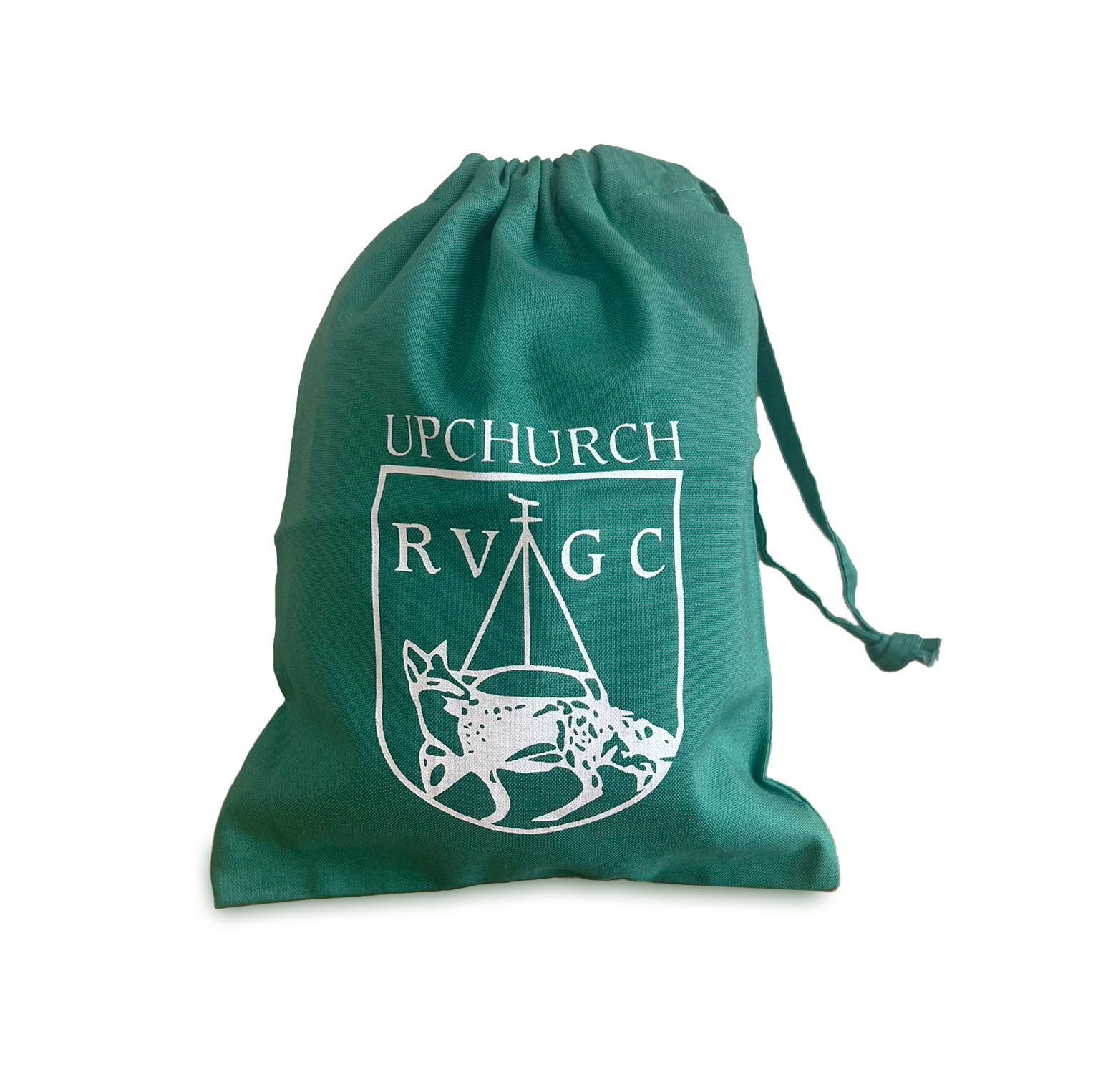 Small green cotton drawstring bag printed with logo for Upchurch RVGC.