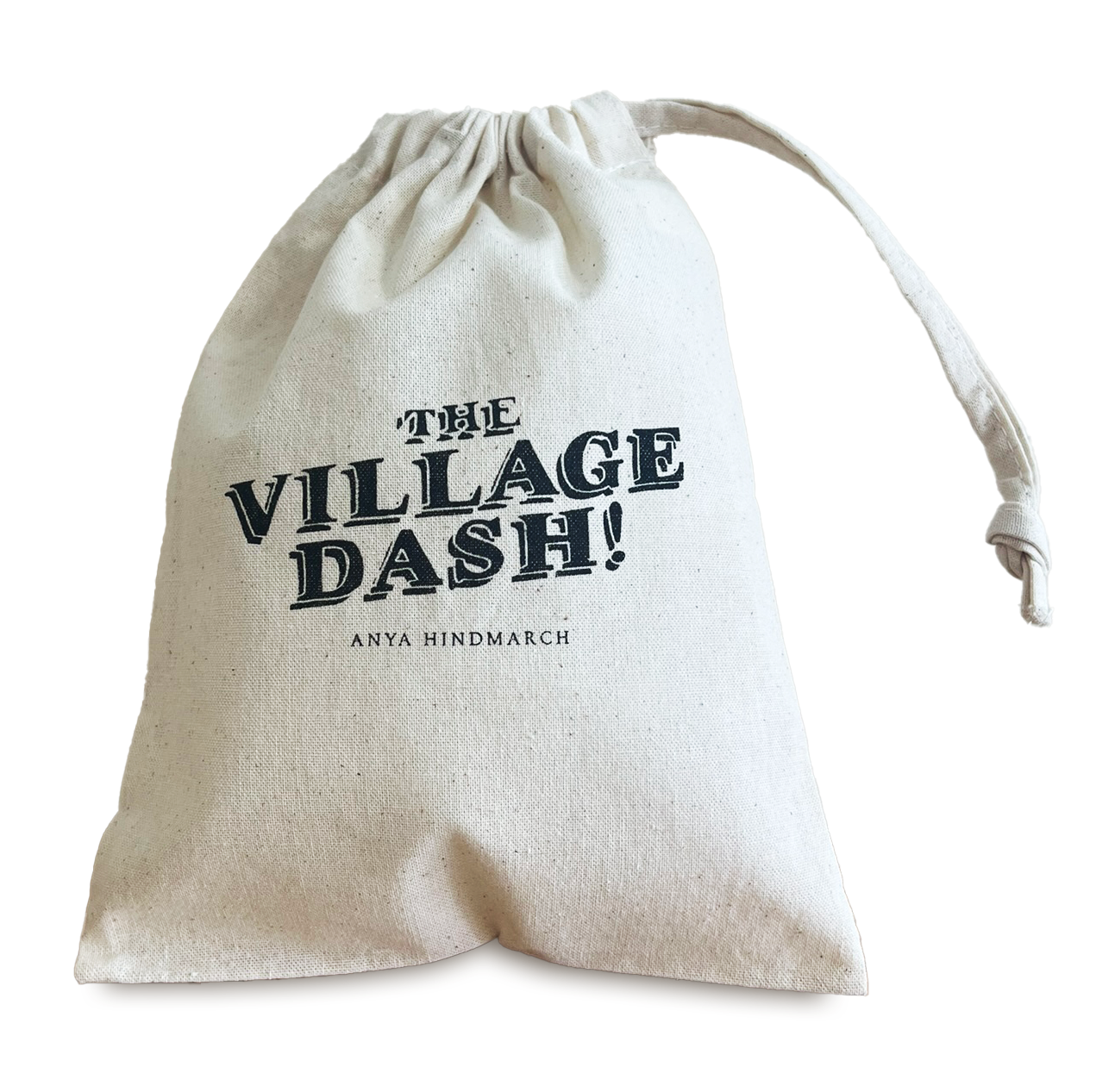Small beige cotton drawstring bag printed with logo for The Village Dash by Anya Hindmarch.
