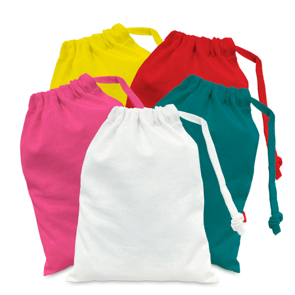 Collection of unprinted small cotton drawstring bags in bright colours: white, pink, green, red, and yellow.