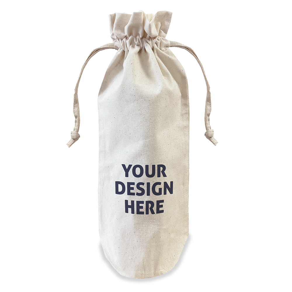 Natural Beige Cotton Drawstring Bottle Gift Bag with 'Your Design Here'.