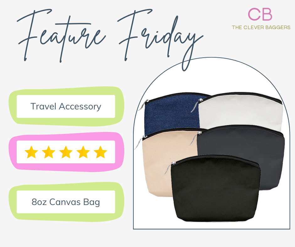 A picture containing text, and 5 make up bags.