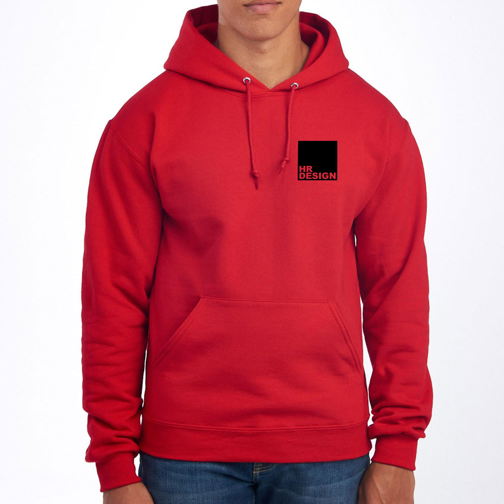 Red hoodie printed with small company logo on left chest.