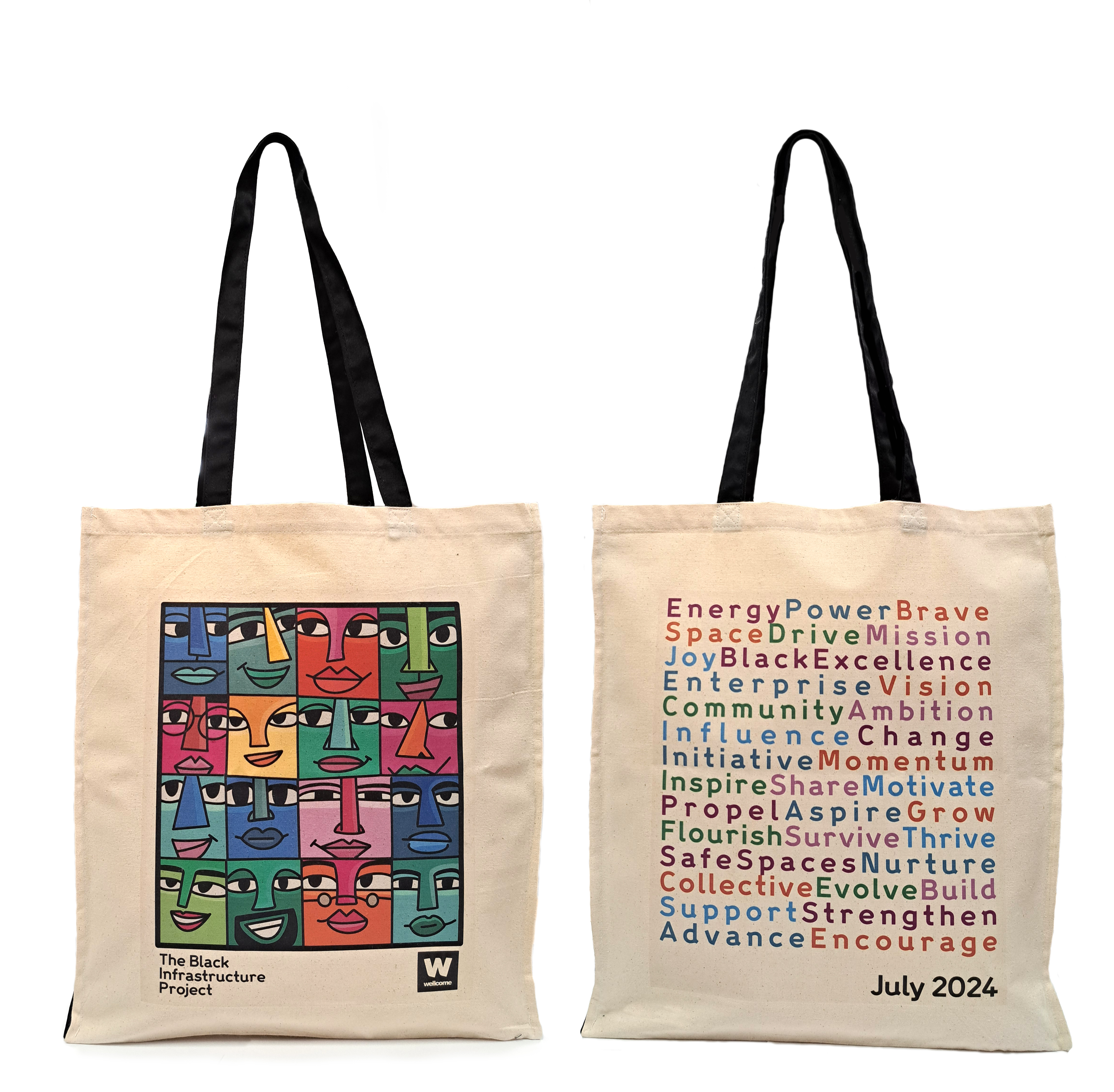 Beige canvas bag with black side and handles, printed with a colourful design on both sides. The design celebrates The Black Infrastructure Project at the Wellcome Collection in July 2024.