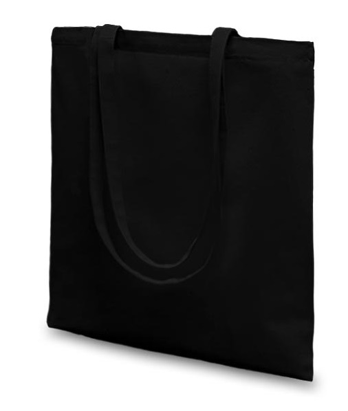 Black cotton canvas tote bag with long handles.