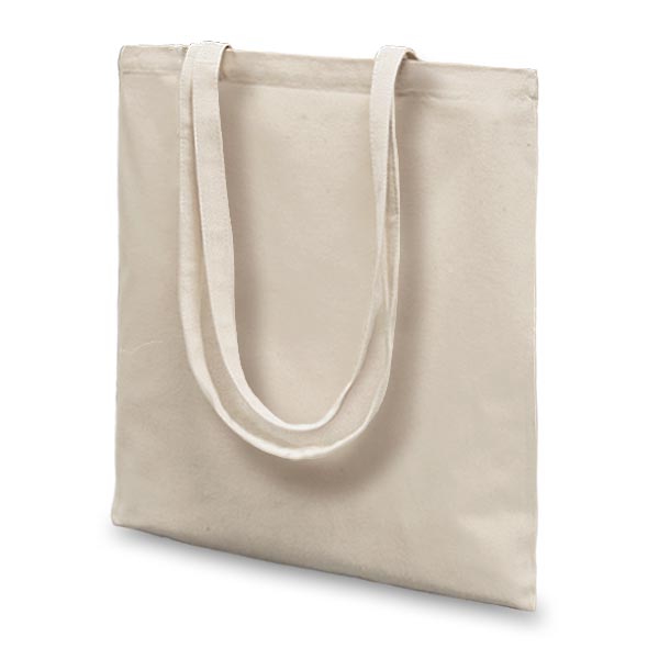 Natural cotton canvas tote bag with long handles.