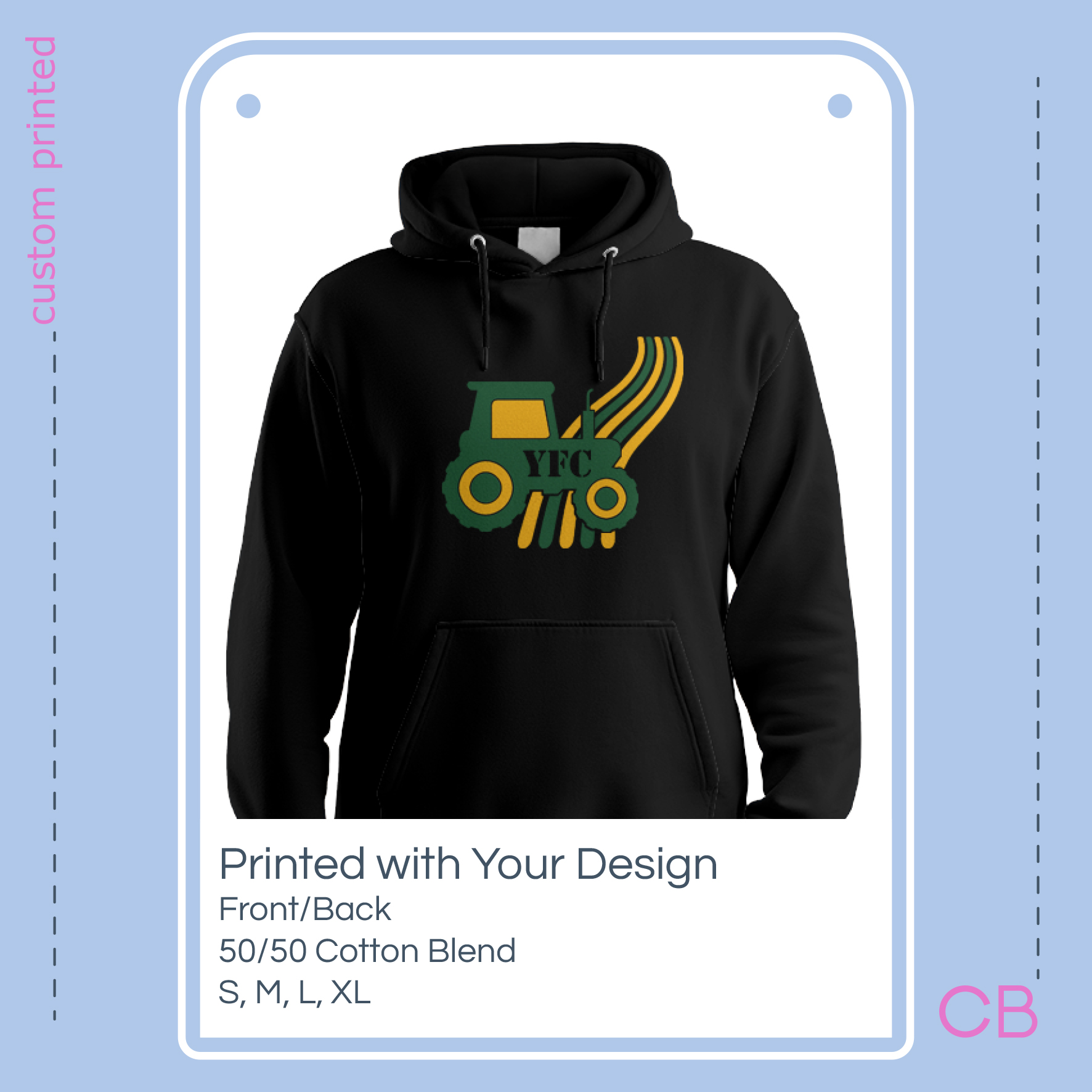 Black hoodie printed with a stylised image of a tractor in a freshly ploughed field. The design is in yellow and green, with the letters YFC shown in black on the tractor body with the hoodie