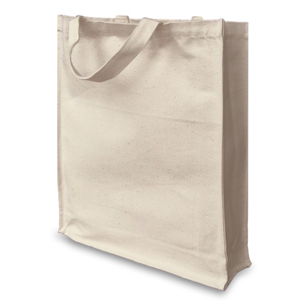 Beige cotton canvas tote bag with short handles.