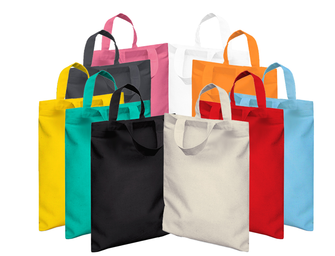 image of cotton mini goody party tote bags in a range of colours