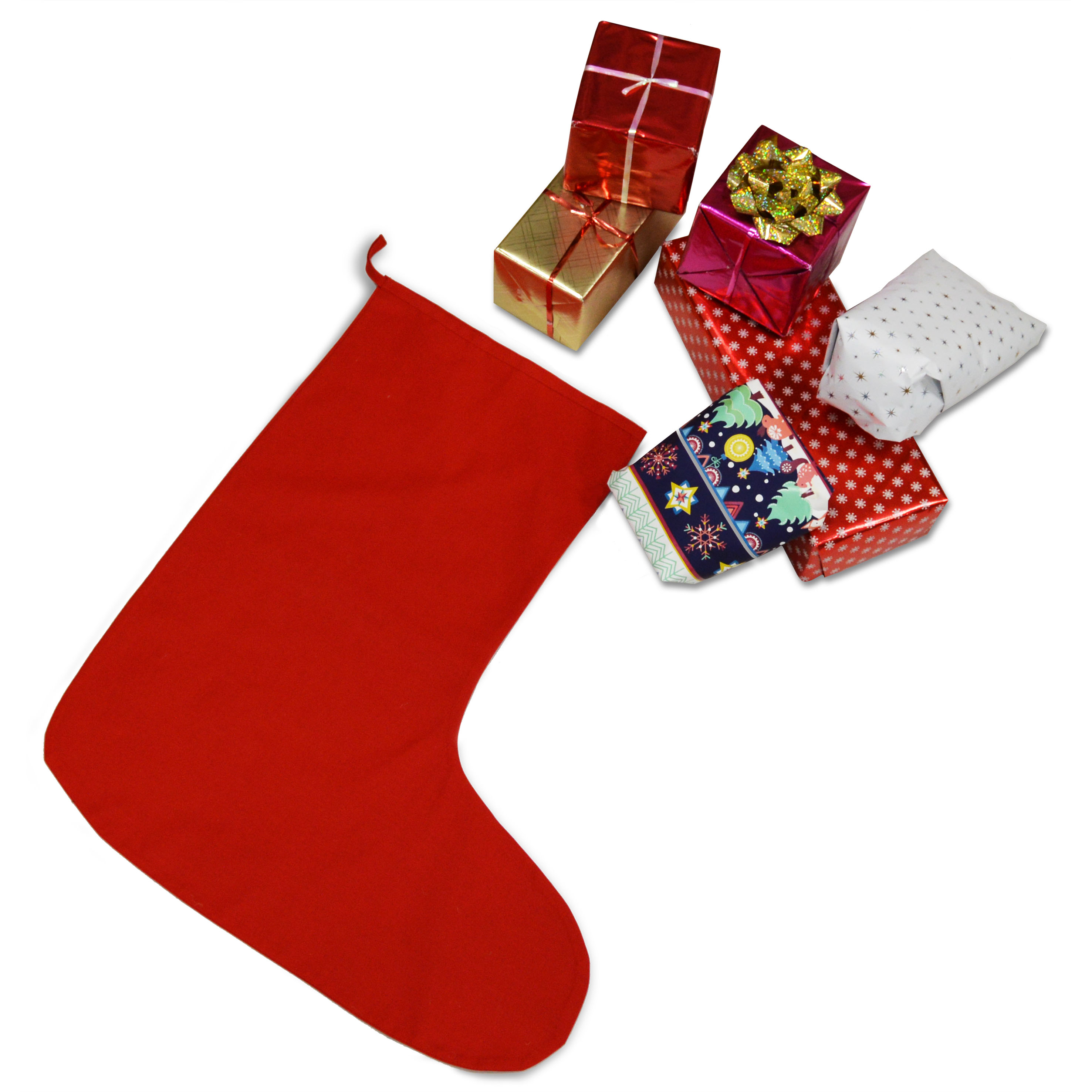 image of a large red cotton stocking with lots of presents