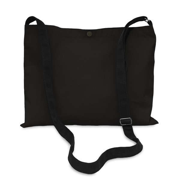 Product shot of a black canvas musette bag. It is wider than it is tall, has a single long carrying strap with metal slider adjustment, and a poppa in the centre of the top opening.