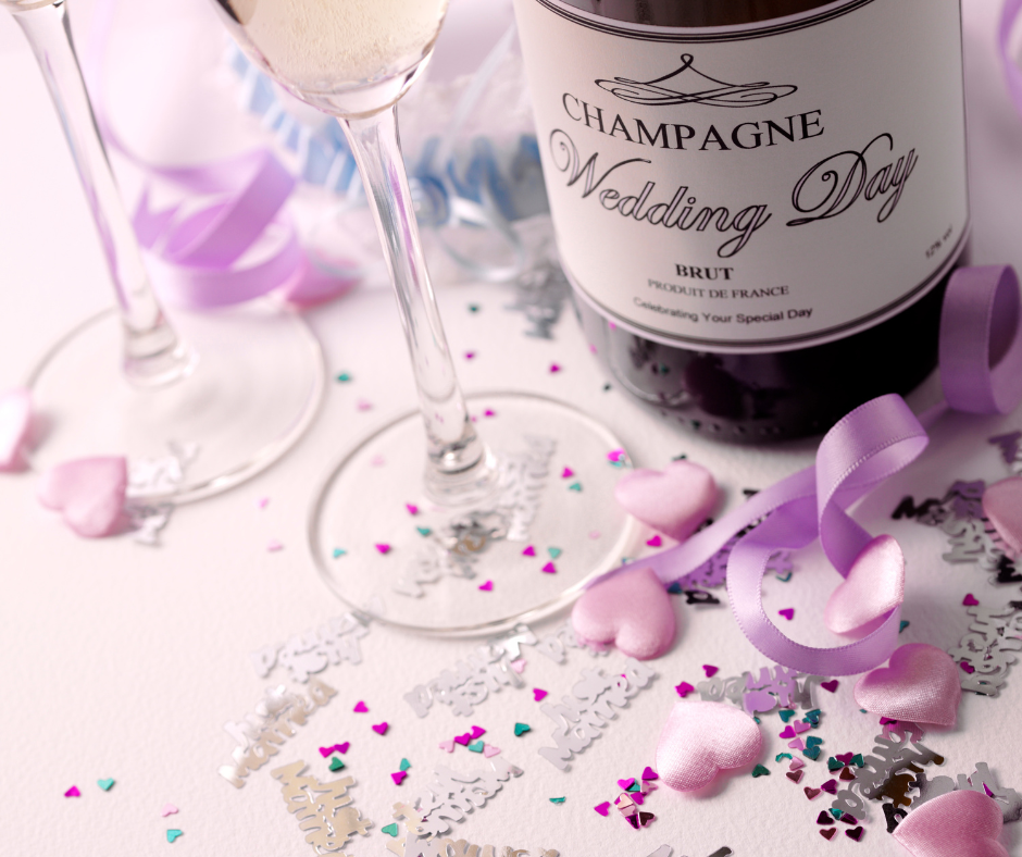 A bottle of champagne next to a glass of champagne