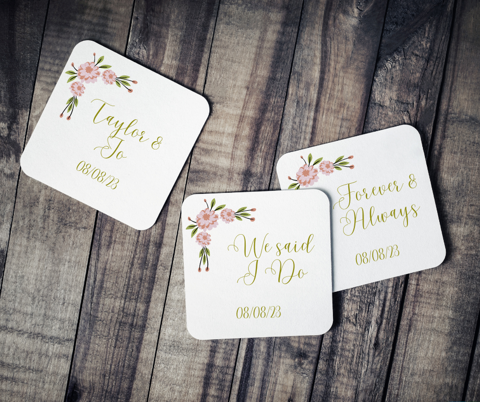 A picture containing white coasters with scripture text,