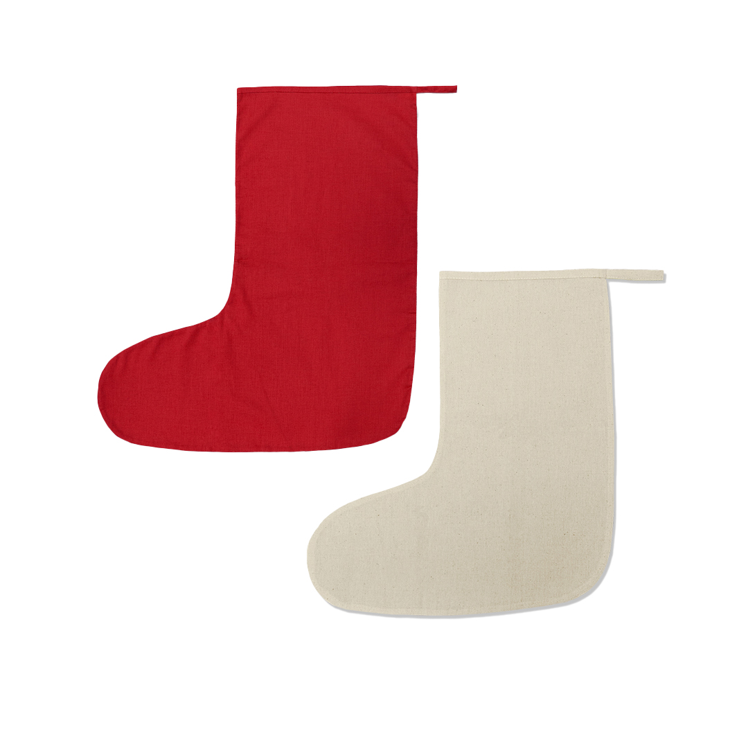 image of a medium red Christmas Stocking and a large natural Christmas Stocking