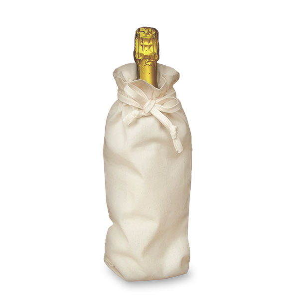 Natural Beige Cotton Drawstring Bottle Bag in use, holding a bottle of wine.