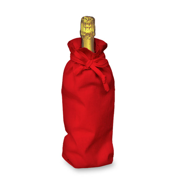 Red Cotton Drawstring Bottle Bag in use, holding a bottle of wine.