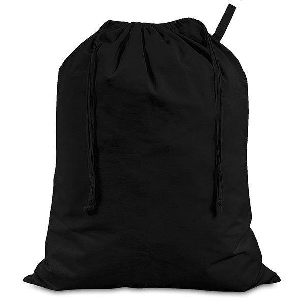 Large black cotton sack, stuffed with goodies and closed at the top using the double drawcords. A carrying handle made from matching cloth is attached at one side.