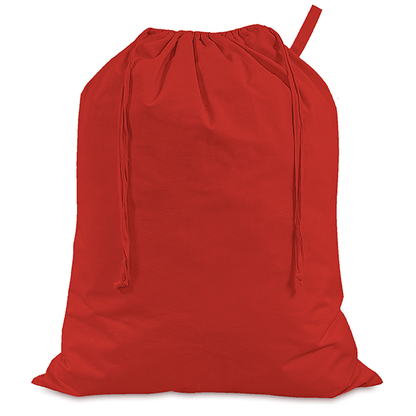 Large red cotton sack, stuffed with goodies and closed at the top using the double drawcords. A carrying handle made from matching cloth is attached at one side.