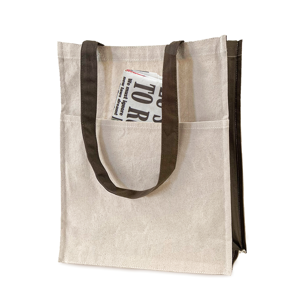 Image of a natural tote bag, with khaki handles and khaki gusset and front pocket. SKU: LG-3236-10VNKH-PKT