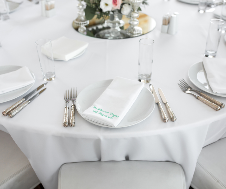 A picture containing tableware, tablecloth, dishware, plate, and printed napkins