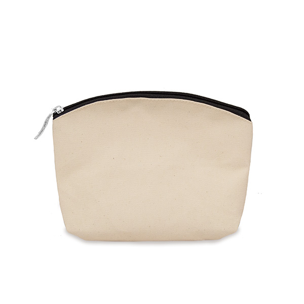 A natural make up bag with a black coloured zipper