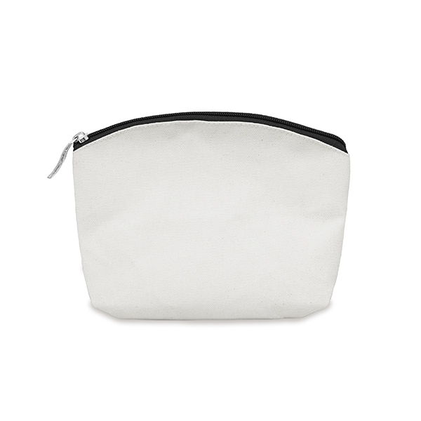 A white make up bag with a black coloured zipper