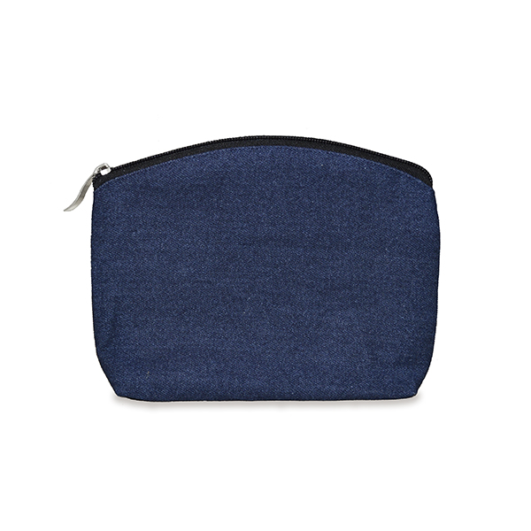 A denim make up bag with a black coloured zipper