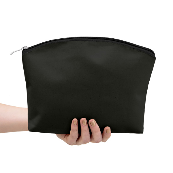 An arm holding a large black make up bag with a black coloured zipper
