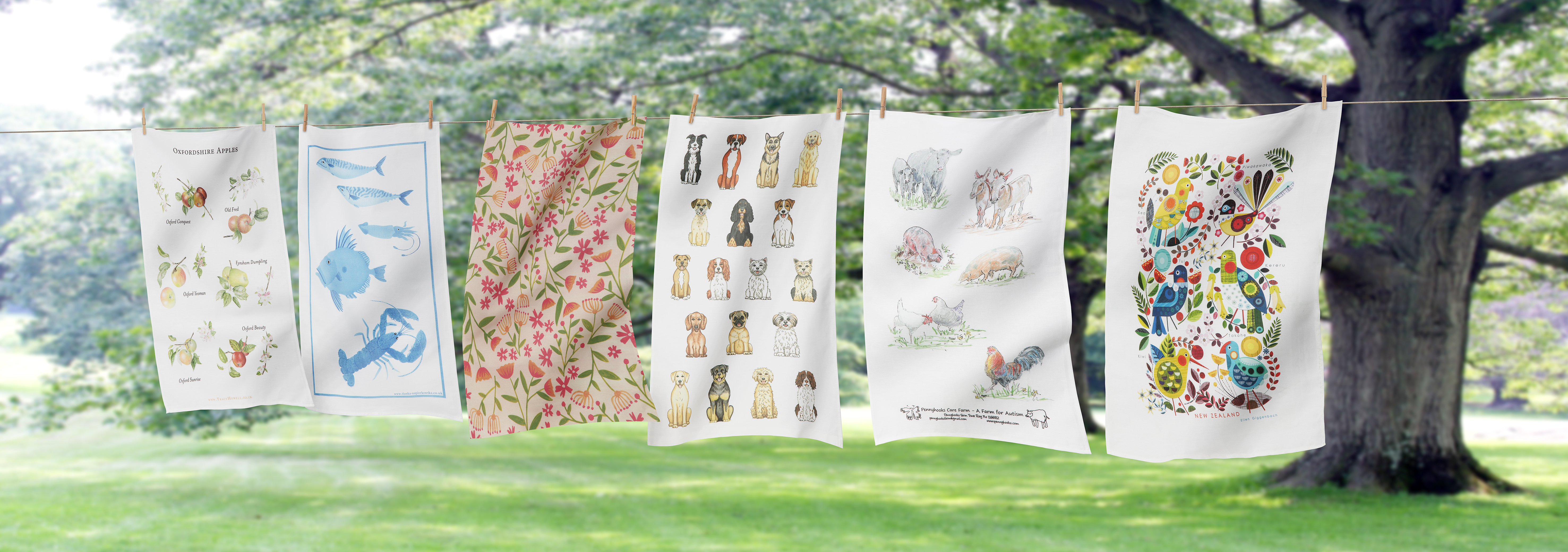 Image of printed tea towels hanging on a line