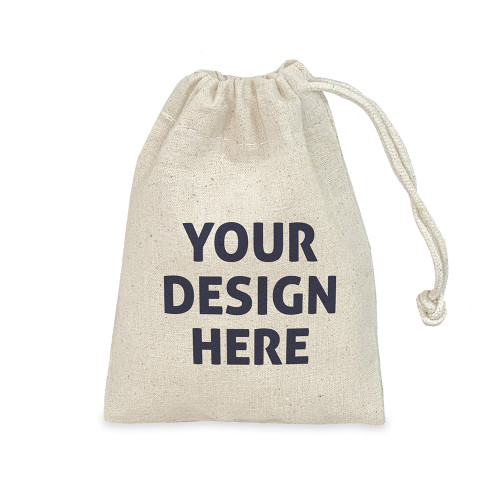 Natural small cotton drawstring bag. 'Your Design Here' in grey is centred on one side of the bag.