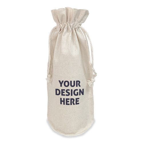 Natural cotton drawstring bottle bag. 'Your Design Here' in grey is centred on one side of the bag.