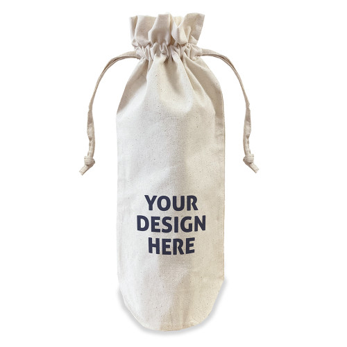 Natural cotton drawstring bottle bag. 'Your Design Here' in grey is centred on one side of the bag.