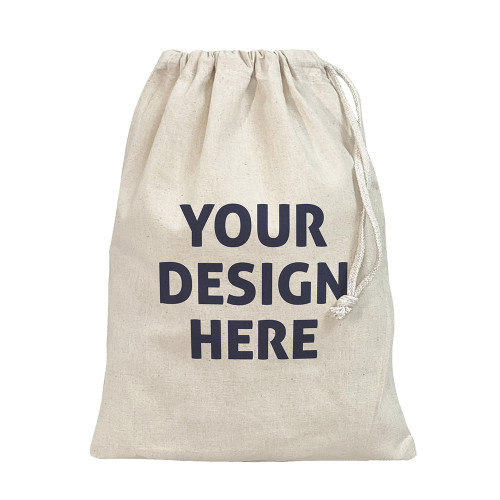 Natural cotton drawstring bag. 'Your Design Here' in grey is centred on one side of the bag.