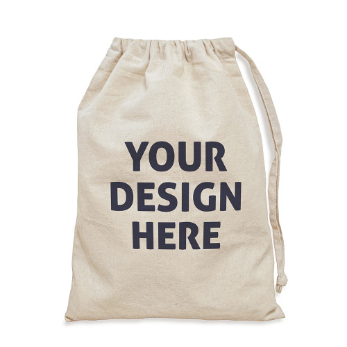 Natural cotton drawstring bag. 'Your Design Here' in grey is centred on one side of the bag.