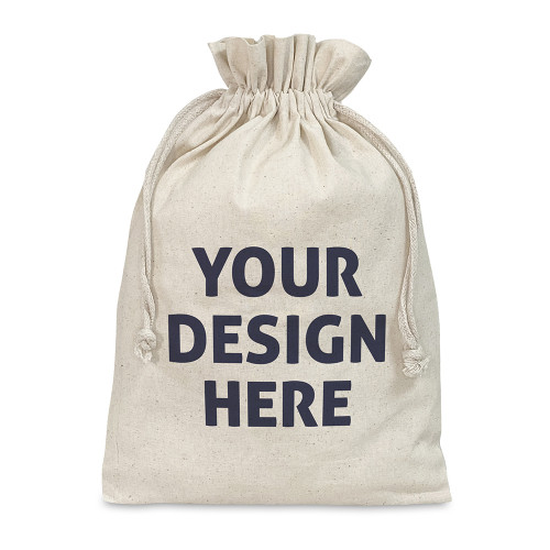 Natural cotton double drawstring bag. 'Your Design Here' in grey is centred on one side of the bag.