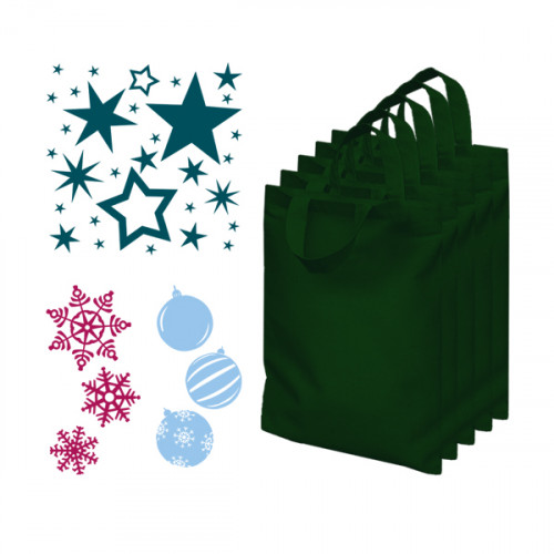 5 Dark Green cotton goody bags and 3 sets of festive iron on shapes