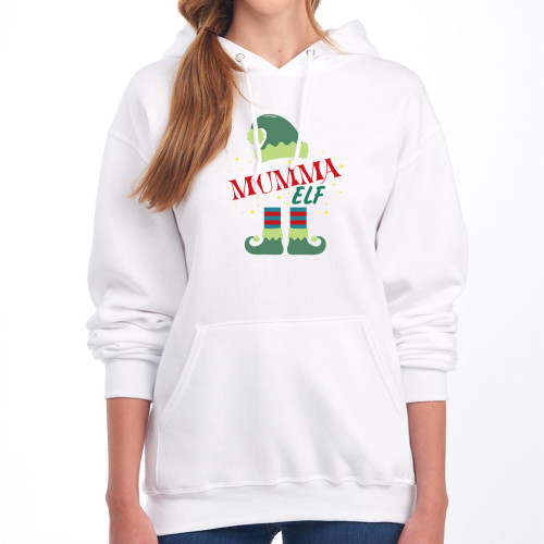 White Hooded Sweatshirt printed with cheerful festive coloured Mumma Elf design in the centre of the chest. Co-ordinates with our Trainee Elf and Pappa Elf, and Personalised Elf designs.
