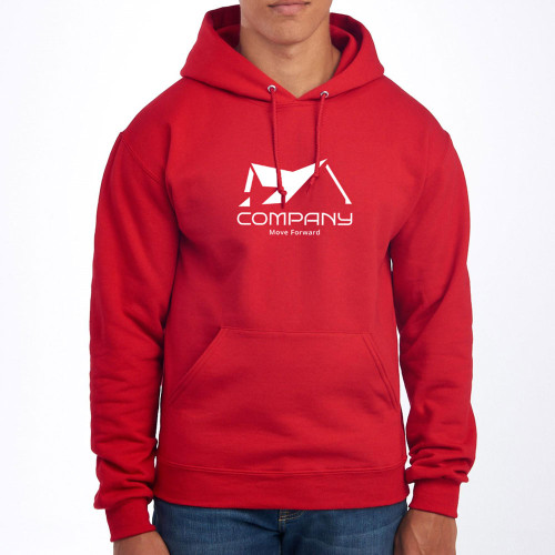 Red hoodie printed with large company logo across the chest